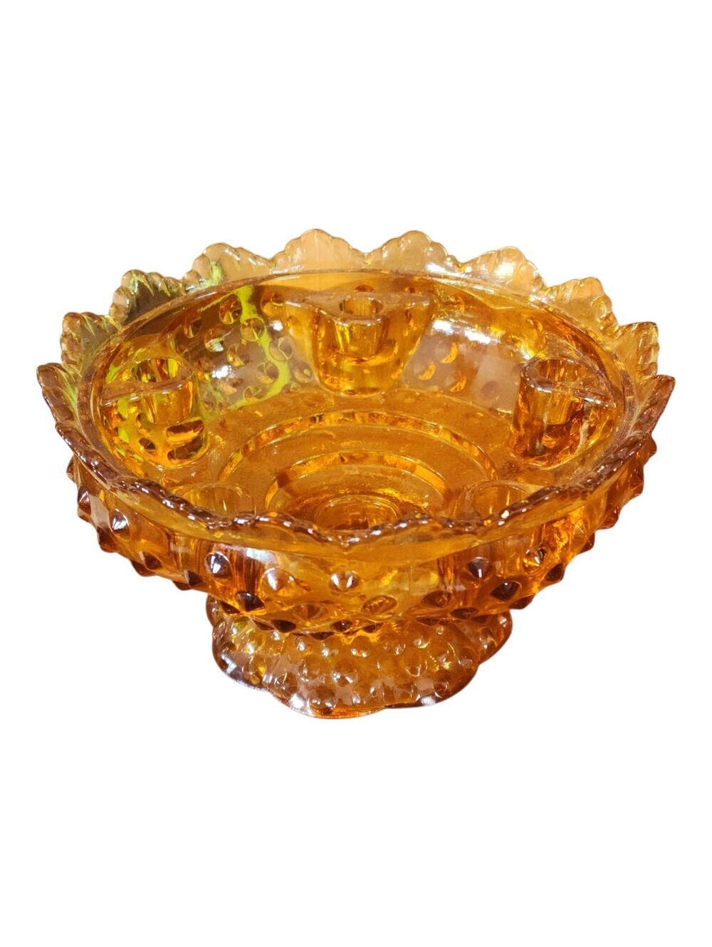 Vtg Fenton Hobnail Pedestal Amber Glass Candle Holder Honey Golden Candelabra